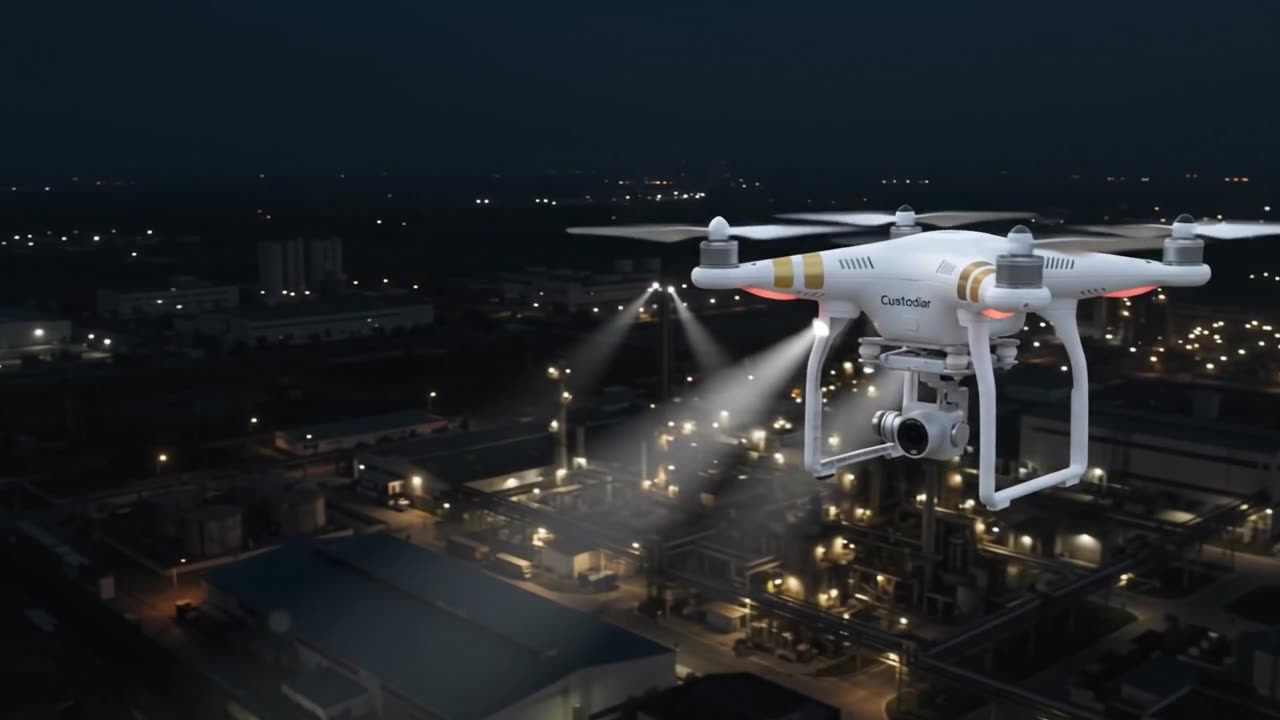 Dron de Custodiar Air con luces sobrevolando una instalación de noche para vigilancia aérea