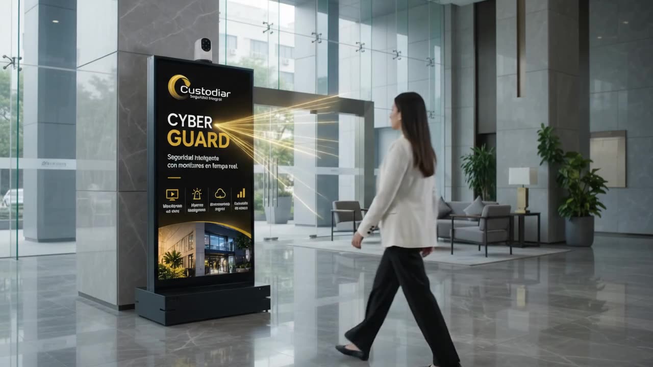 Terminal CyberGuard en el vestíbulo de un edificio corporativo